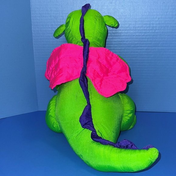Mervyn's Playful Pals Dragon Neon Green Pink Wings Nylon 14" Plush Sound Vintage - Picture 6 of 11